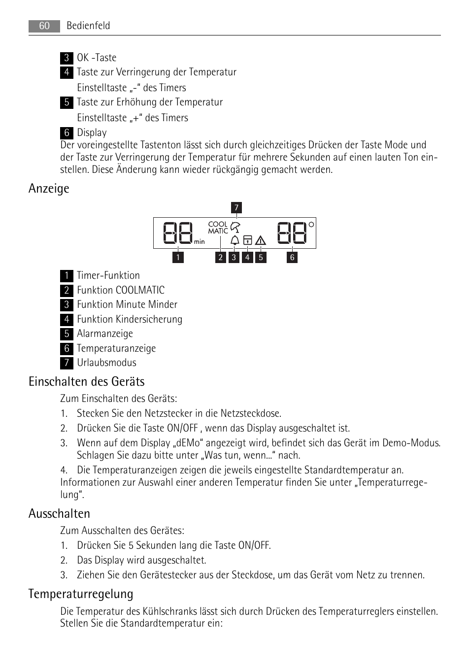 Anzeige, Einschalten des geräts, Ausschalten | Temperaturregelung | AEG SKS68808F0 User Manual | Page 60 / 76