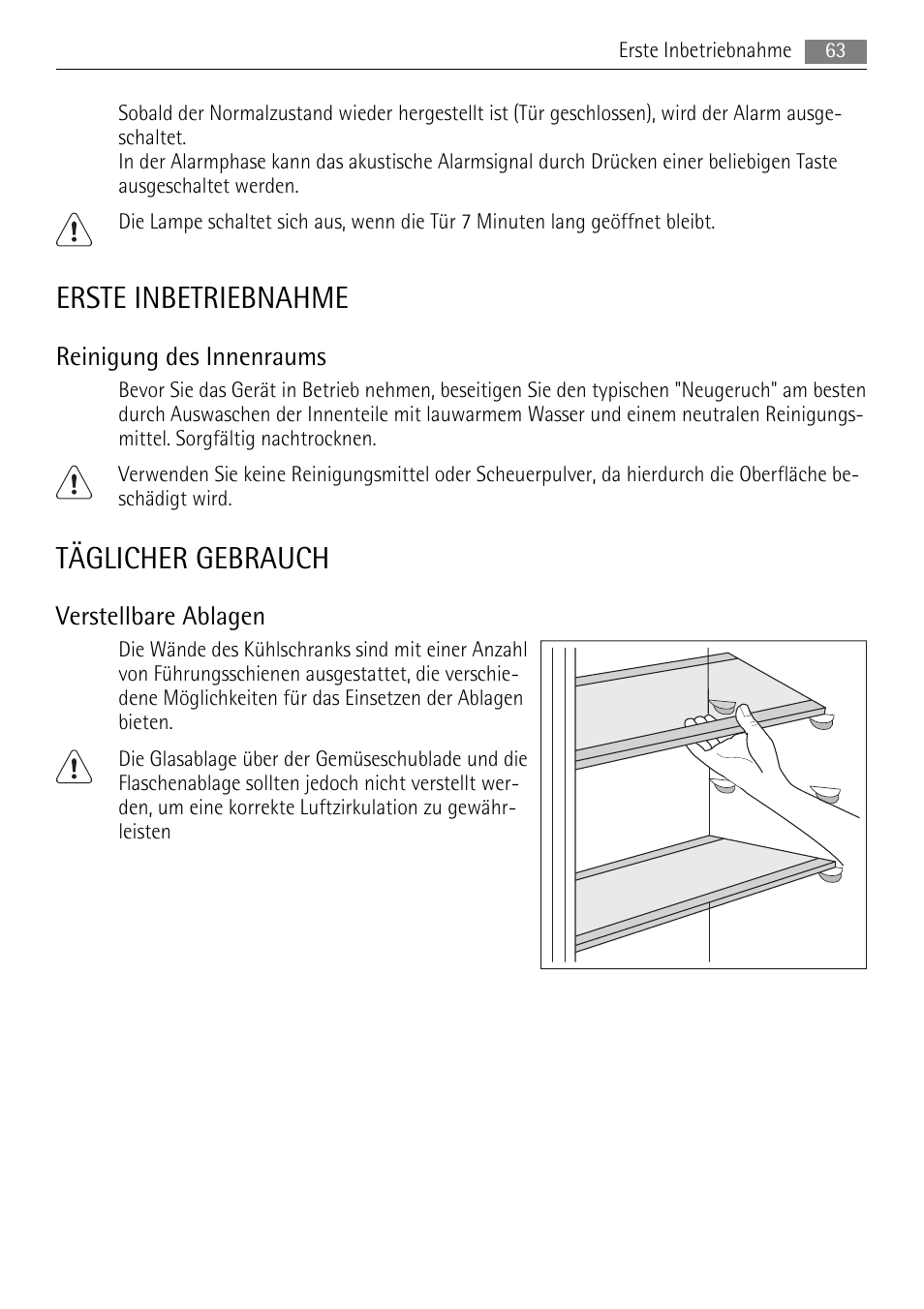 Erste inbetriebnahme, Täglicher gebrauch, Reinigung des innenraums | Verstellbare ablagen | AEG SKS68808F0 User Manual | Page 63 / 76