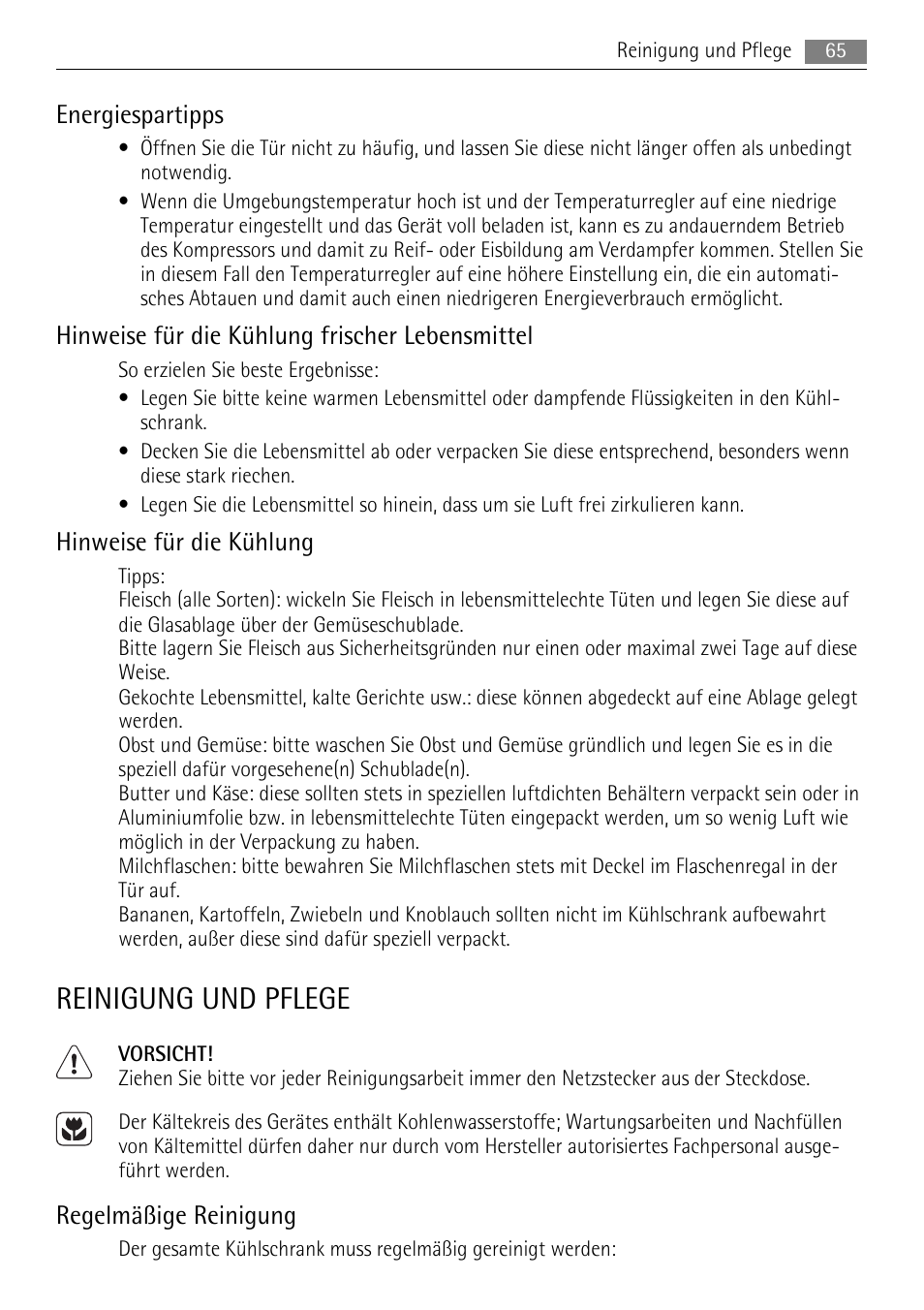 Reinigung und pflege, Energiespartipps, Hinweise für die kühlung frischer lebensmittel | Hinweise für die kühlung, Regelmäßige reinigung | AEG SKS68808F0 User Manual | Page 65 / 76