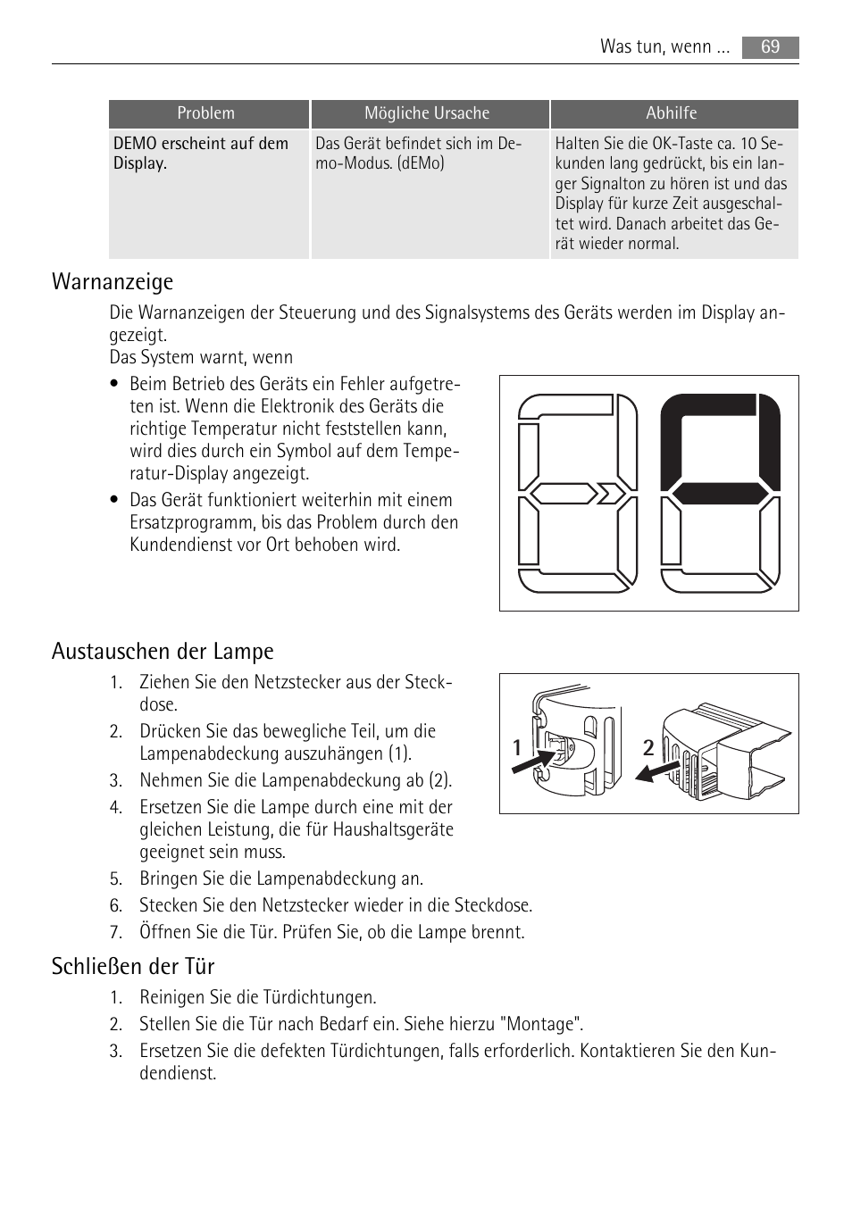 Warnanzeige, Austauschen der lampe, Schließen der tür | AEG SKS68808F0 User Manual | Page 69 / 76