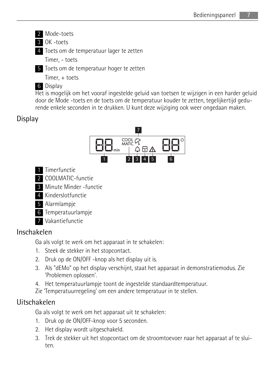 Display, Inschakelen, Uitschakelen | AEG SKS68808F0 User Manual | Page 7 / 76
