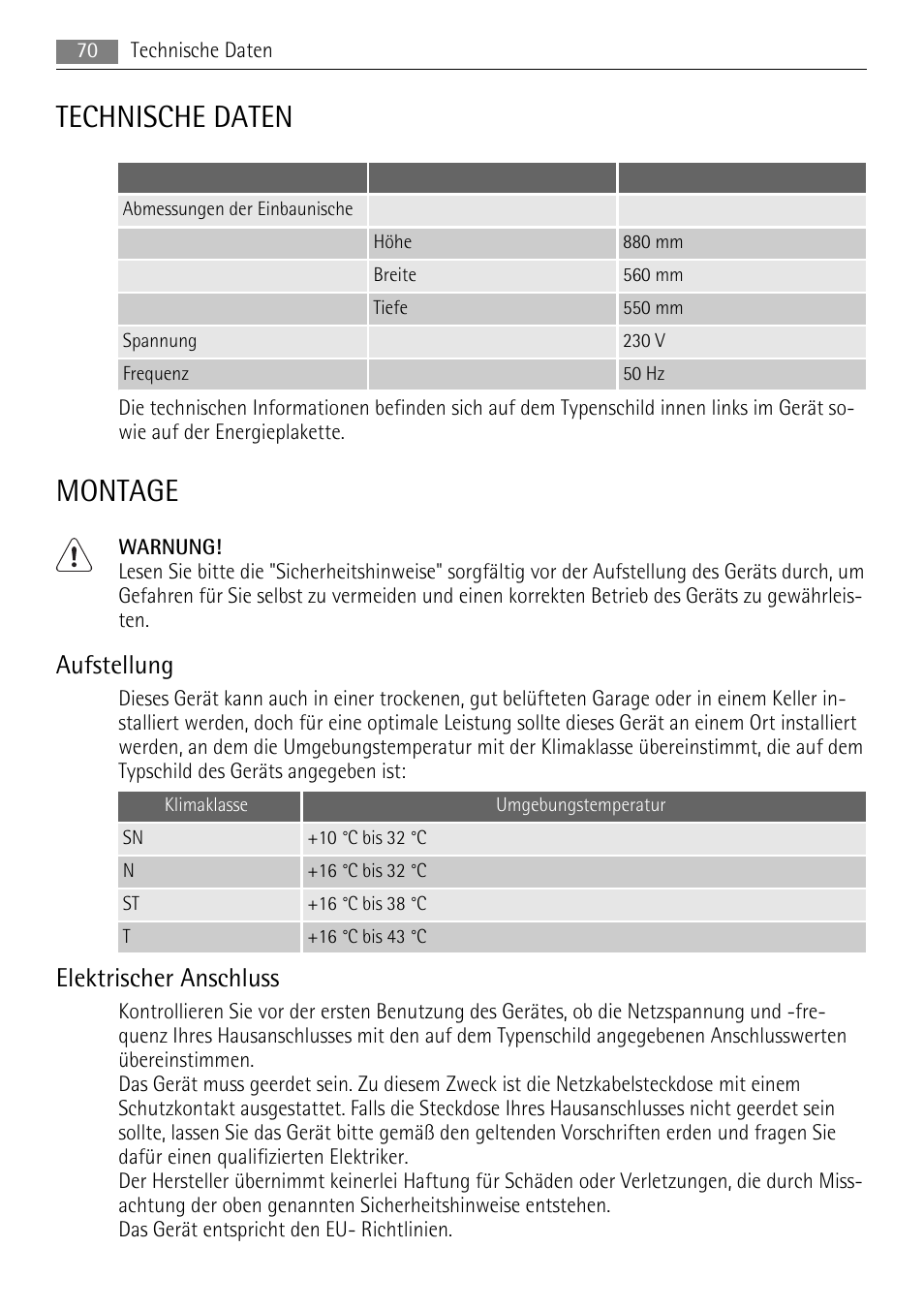 Technische daten, Montage, Aufstellung | Elektrischer anschluss | AEG SKS68808F0 User Manual | Page 70 / 76