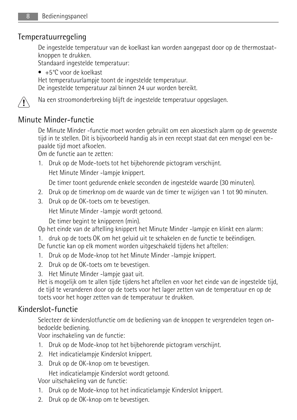 Temperatuurregeling, Minute minder-functie, Kinderslot-functie | AEG SKS68808F0 User Manual | Page 8 / 76