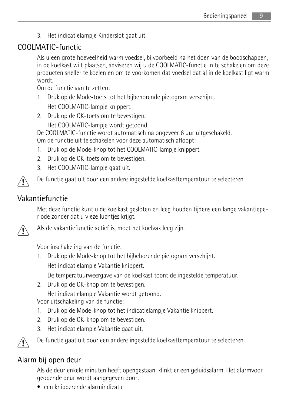 Coolmatic-functie, Vakantiefunctie, Alarm bij open deur | AEG SKS68808F0 User Manual | Page 9 / 76