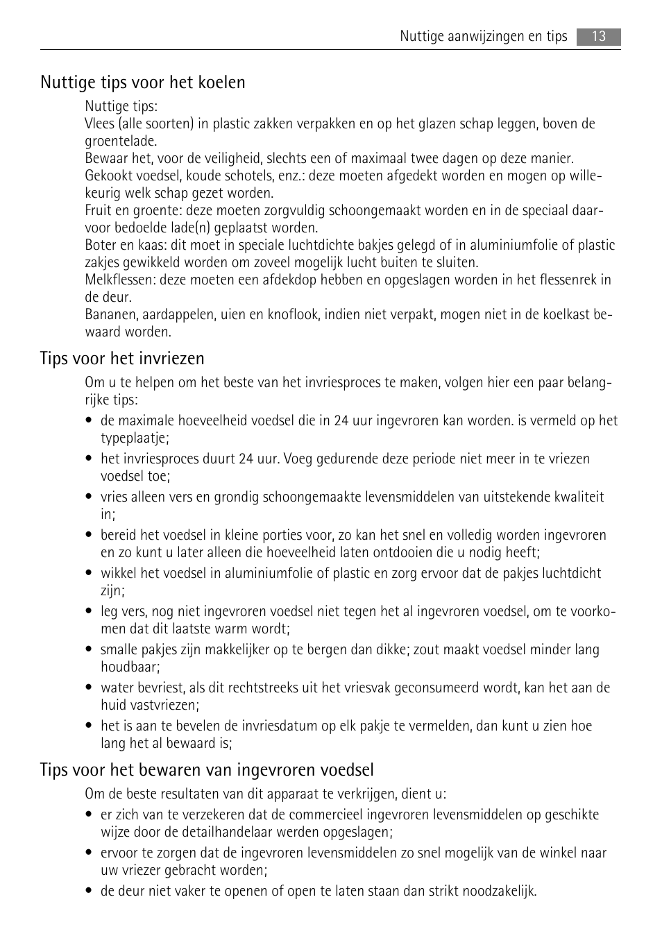 Nuttige tips voor het koelen, Tips voor het invriezen, Tips voor het bewaren van ingevroren voedsel | AEG SKS68840F0 User Manual | Page 13 / 84