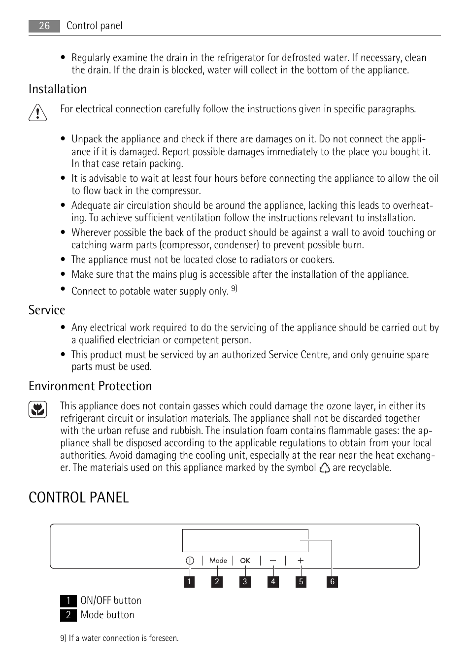 Control panel, Installation, Service | Environment protection | AEG SKS68840F0 User Manual | Page 26 / 84