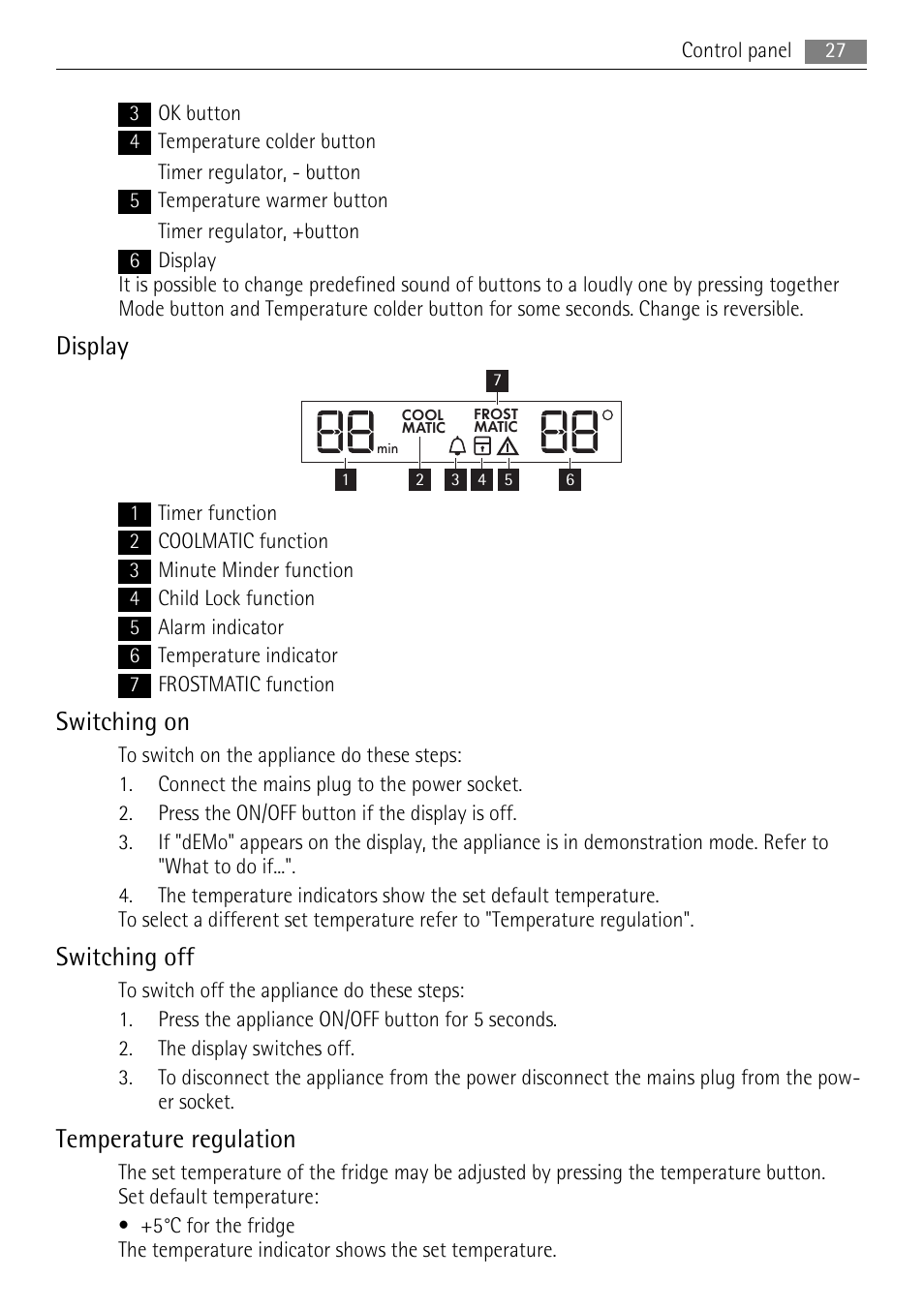 Display, Switching on, Switching off | Temperature regulation | AEG SKS68840F0 User Manual | Page 27 / 84