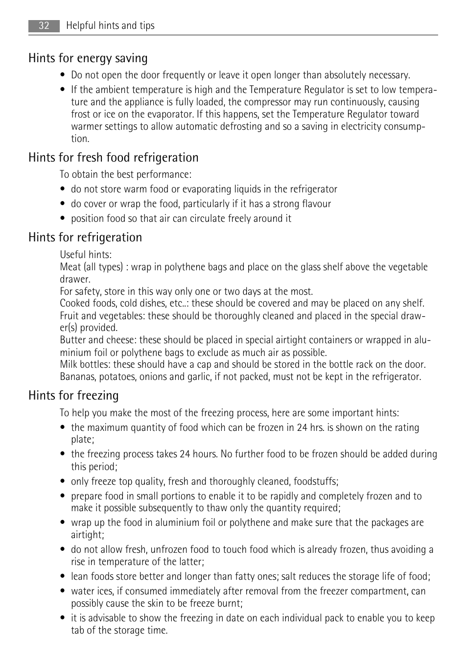 Hints for energy saving, Hints for fresh food refrigeration, Hints for refrigeration | Hints for freezing | AEG SKS68840F0 User Manual | Page 32 / 84