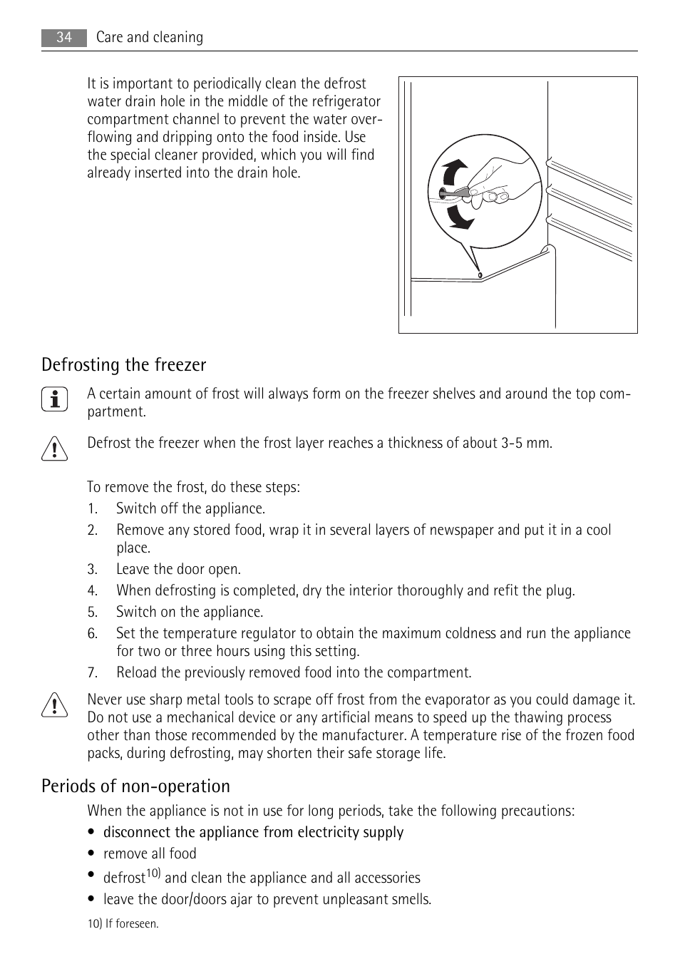 Defrosting the freezer, Periods of non-operation | AEG SKS68840F0 User Manual | Page 34 / 84