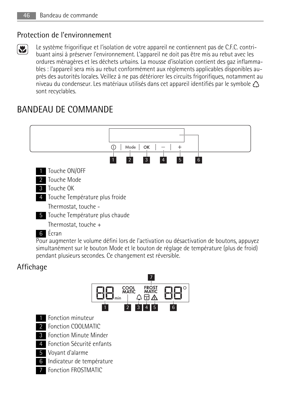 Bandeau de commande, Protection de l'environnement, Affichage | AEG SKS68840F0 User Manual | Page 46 / 84