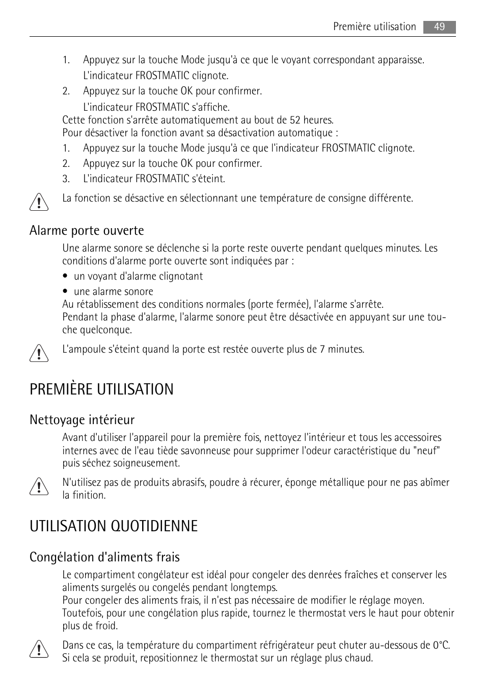 Première utilisation, Utilisation quotidienne, Alarme porte ouverte | Nettoyage intérieur, Congélation d'aliments frais | AEG SKS68840F0 User Manual | Page 49 / 84