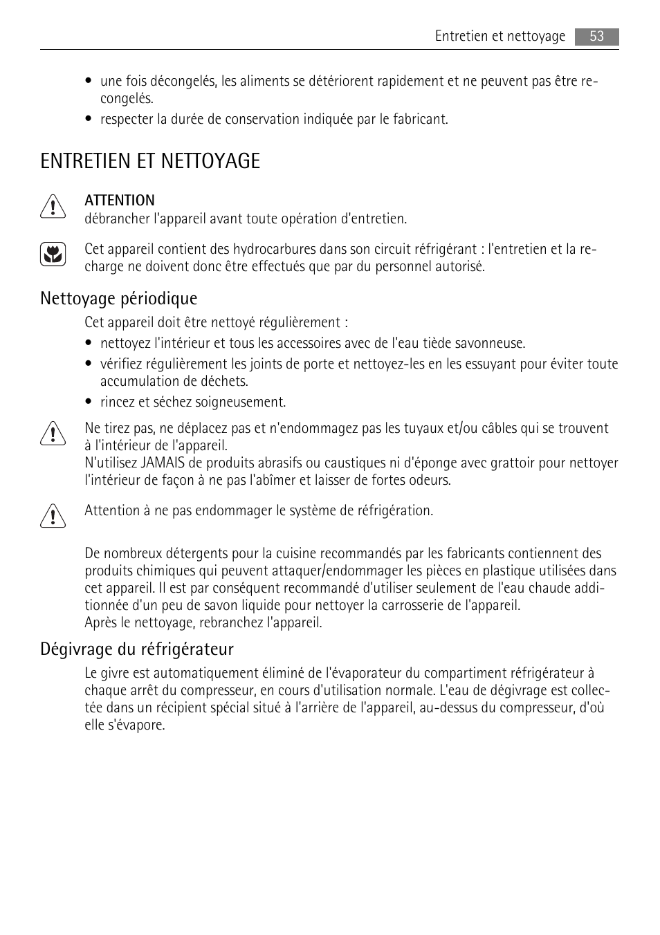 Entretien et nettoyage, Nettoyage périodique, Dégivrage du réfrigérateur | AEG SKS68840F0 User Manual | Page 53 / 84