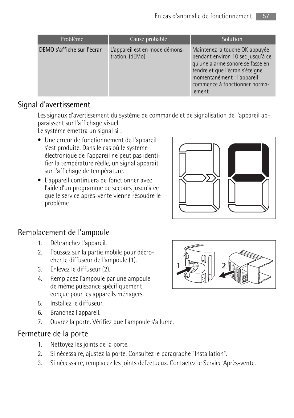 Signal d'avertissement, Remplacement de l'ampoule, Fermeture de la porte | AEG SKS68840F0 User Manual | Page 57 / 84