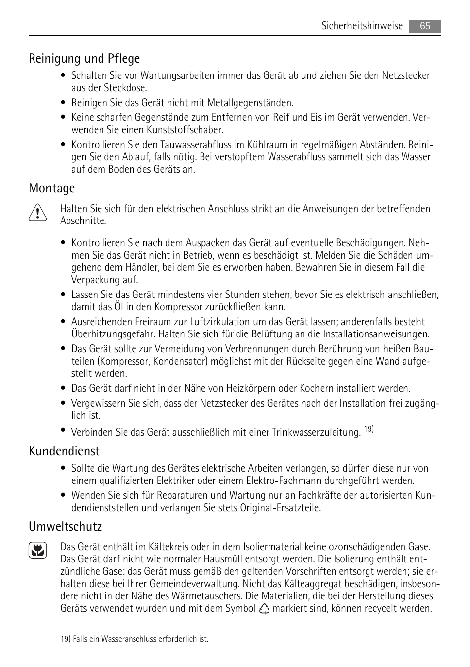 Reinigung und pflege, Montage, Kundendienst | Umweltschutz | AEG SKS68840F0 User Manual | Page 65 / 84