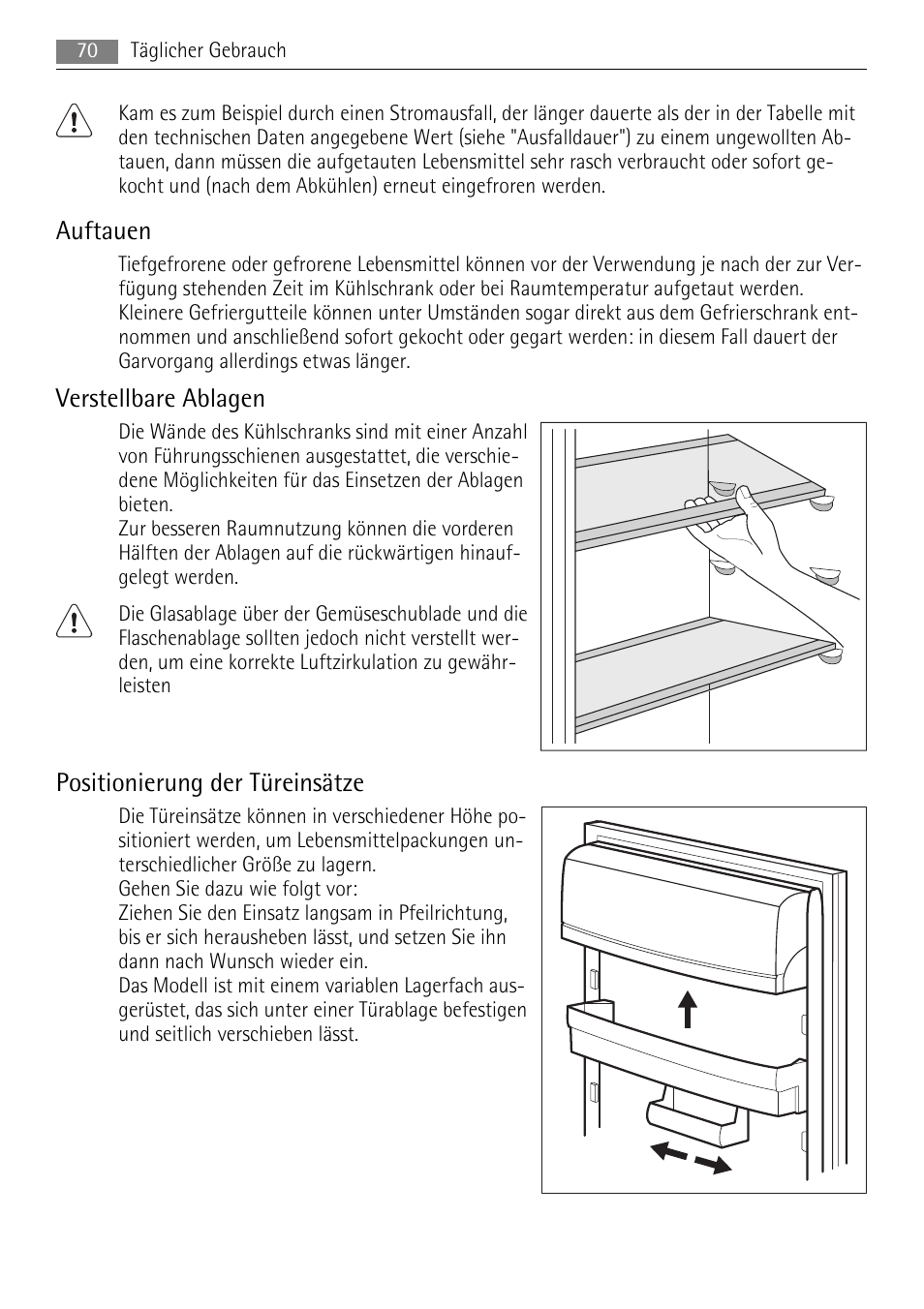 Auftauen, Verstellbare ablagen, Positionierung der türeinsätze | AEG SKS68840F0 User Manual | Page 70 / 84