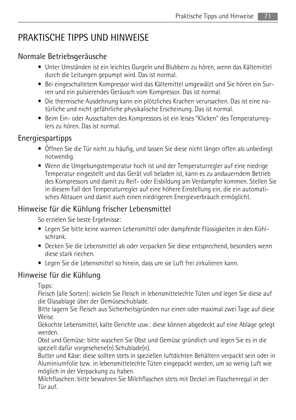 Praktische tipps und hinweise, Normale betriebsgeräusche, Energiespartipps | Hinweise für die kühlung frischer lebensmittel, Hinweise für die kühlung | AEG SKS68840F0 User Manual | Page 71 / 84