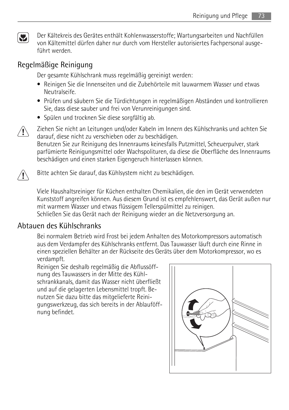 Regelmäßige reinigung, Abtauen des kühlschranks | AEG SKS68840F0 User Manual | Page 73 / 84