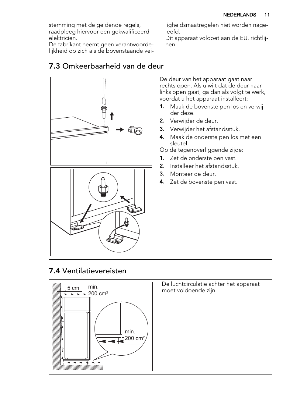 3 omkeerbaarheid van de deur, 4 ventilatievereisten | AEG SKS41200S0 User Manual | Page 11 / 68