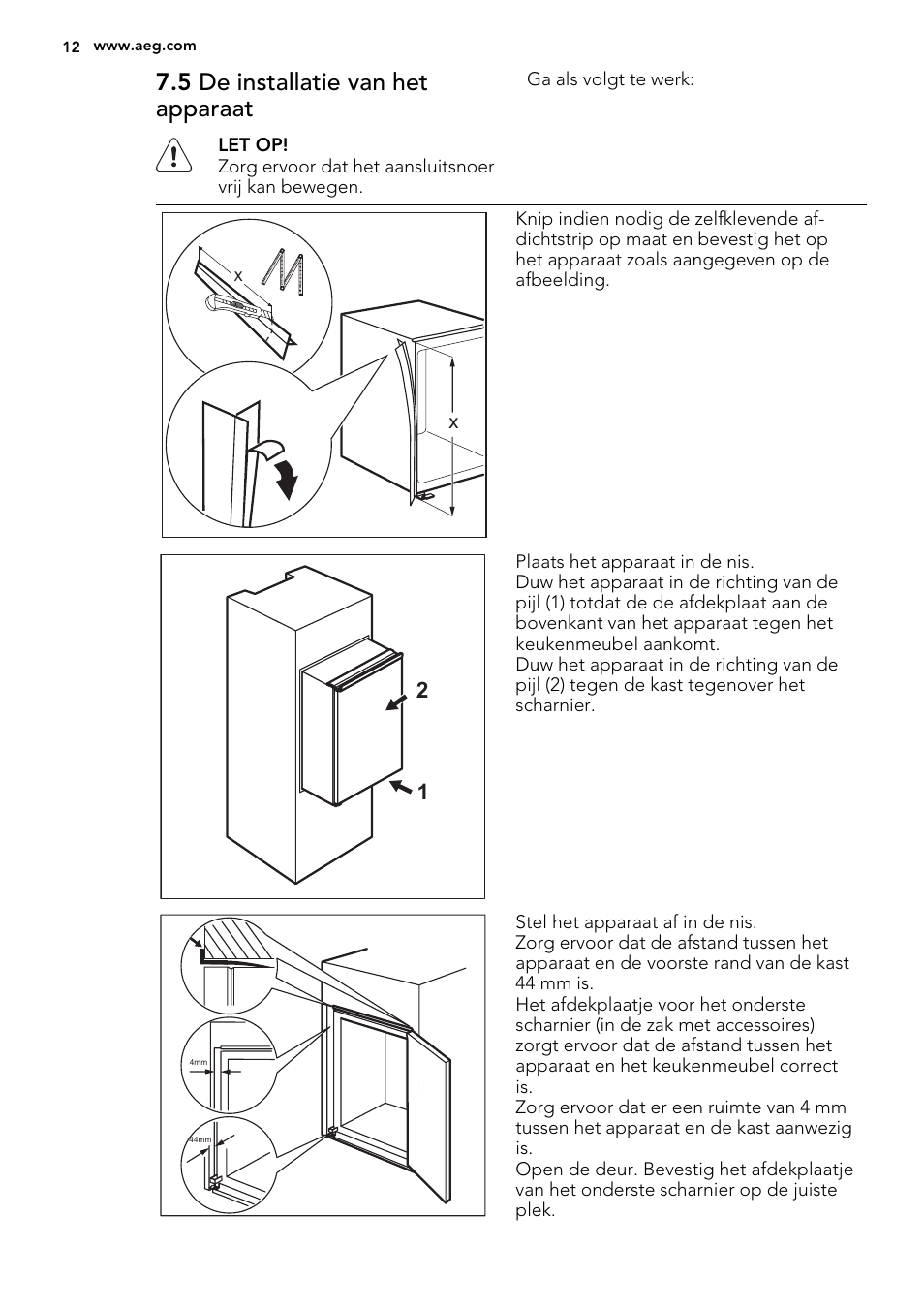 5 de installatie van het apparaat | AEG SKS41200S0 User Manual | Page 12 / 68