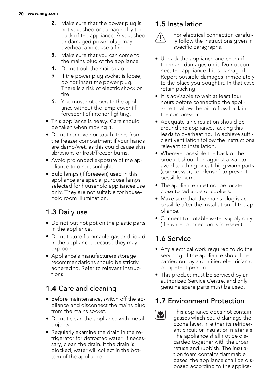 3 daily use, 4 care and cleaning, 5 installation | 6 service, 7 environment protection | AEG SKS41200S0 User Manual | Page 20 / 68