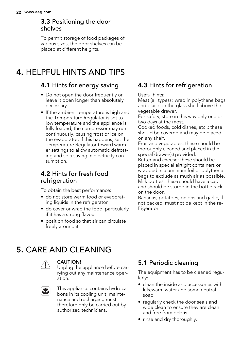 Helpful hints and tips, Care and cleaning | AEG SKS41200S0 User Manual | Page 22 / 68
