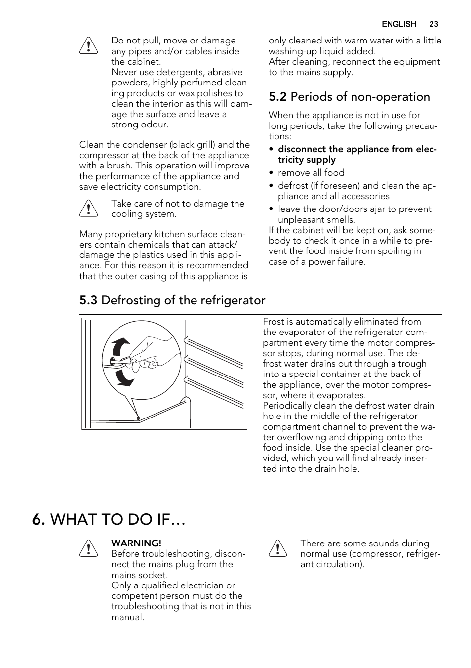 What to do if, 2 periods of non-operation, 3 defrosting of the refrigerator | AEG SKS41200S0 User Manual | Page 23 / 68