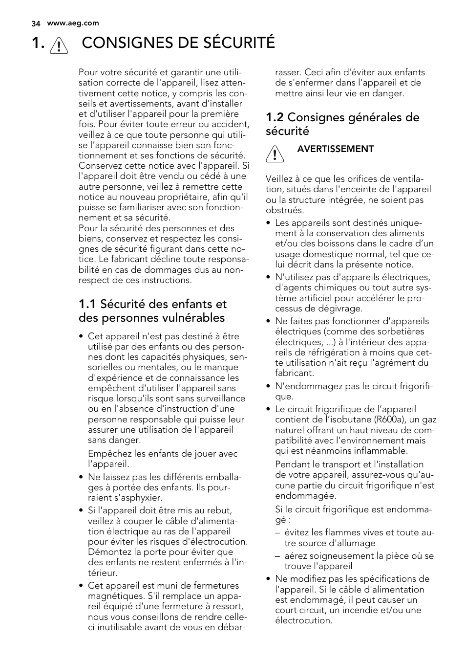 Consignes de sécurité, 2 consignes générales de sécurité | AEG SKS41200S0 User Manual | Page 34 / 68