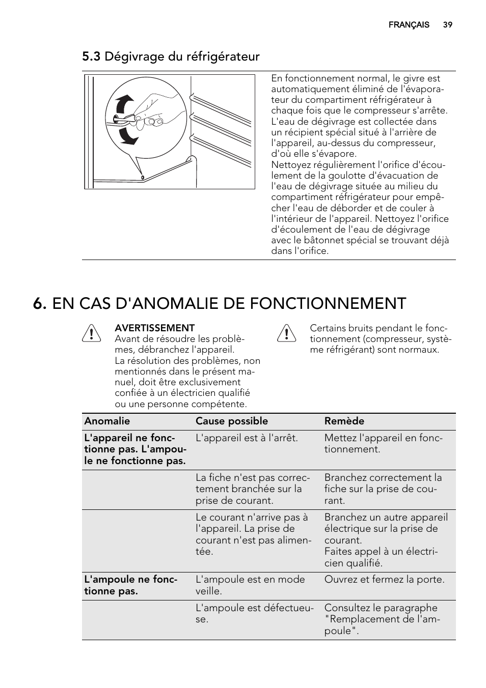 En cas d'anomalie de fonctionnement, 3 dégivrage du réfrigérateur | AEG SKS41200S0 User Manual | Page 39 / 68