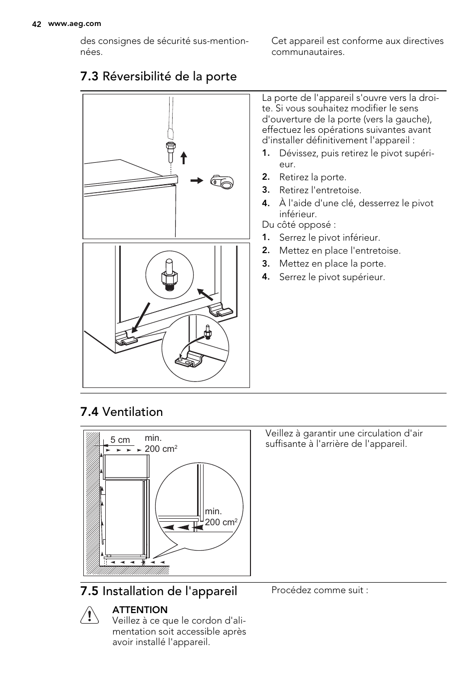 3 réversibilité de la porte, 4 ventilation, 5 installation de l'appareil | AEG SKS41200S0 User Manual | Page 42 / 68