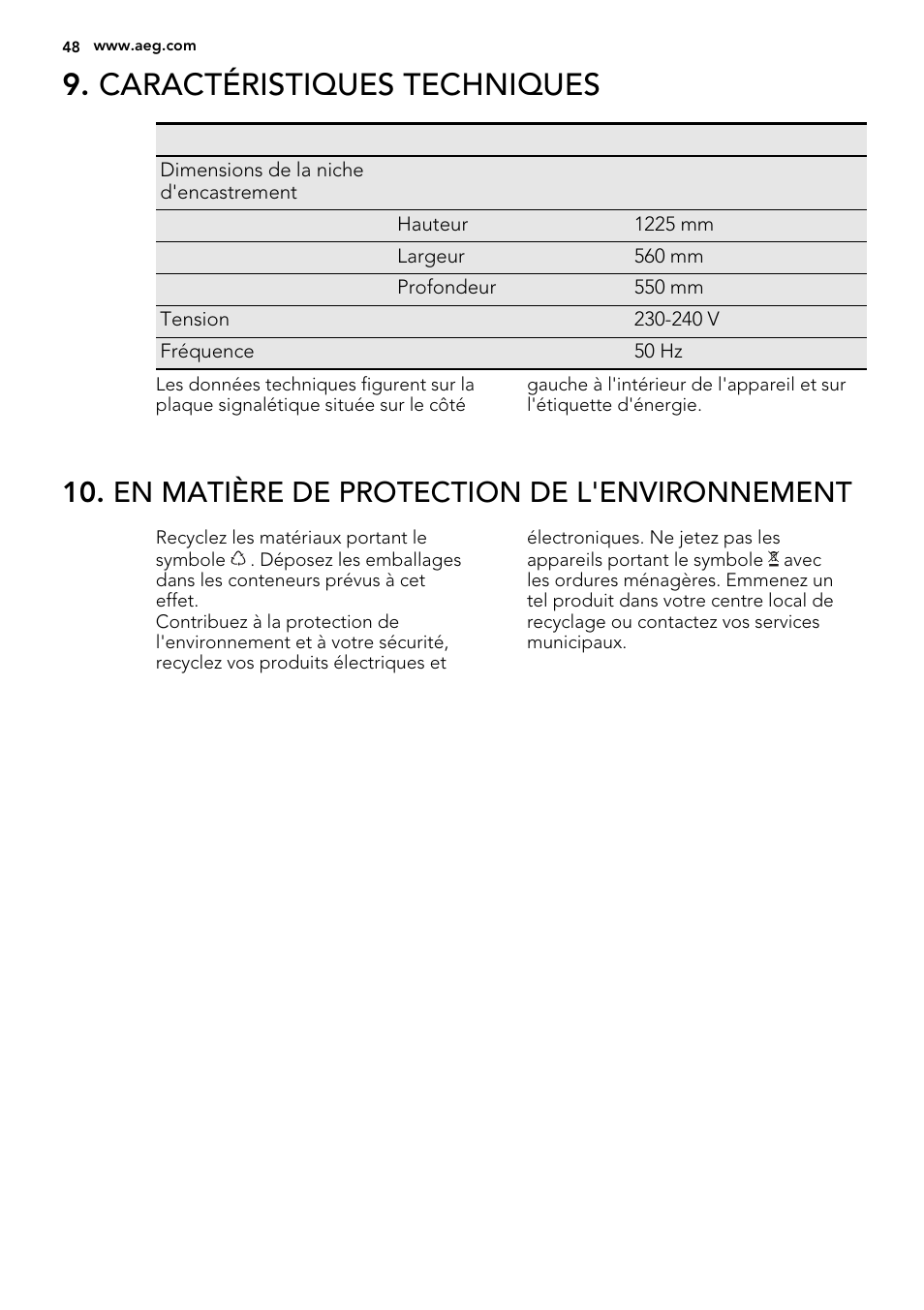 Caractéristiques techniques, En matière de protection de l'environnement | AEG SKS41200S0 User Manual | Page 48 / 68