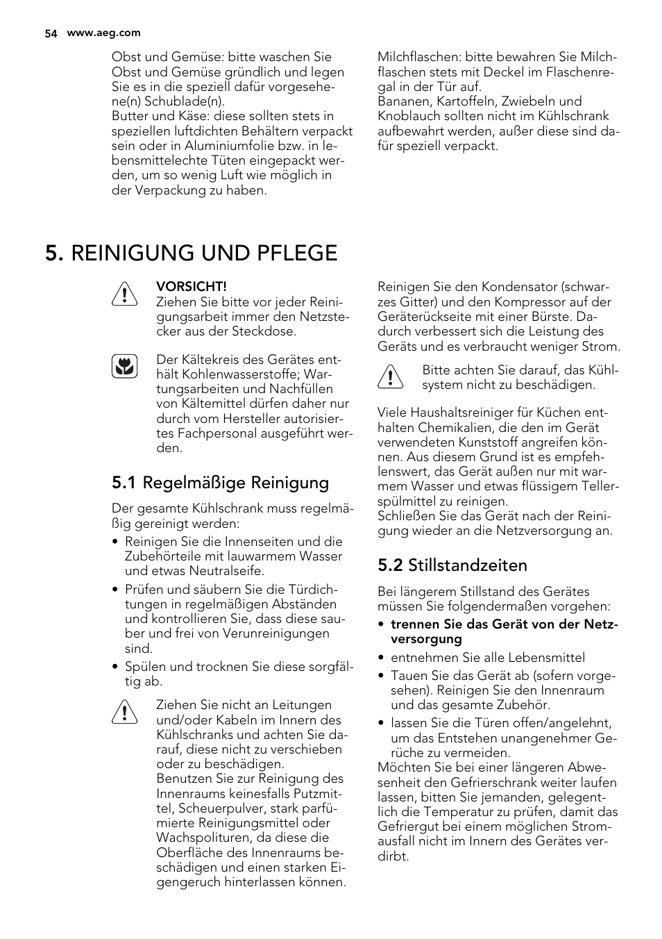 Reinigung und pflege, 1 regelmäßige reinigung, 2 stillstandzeiten | AEG SKS41200S0 User Manual | Page 54 / 68