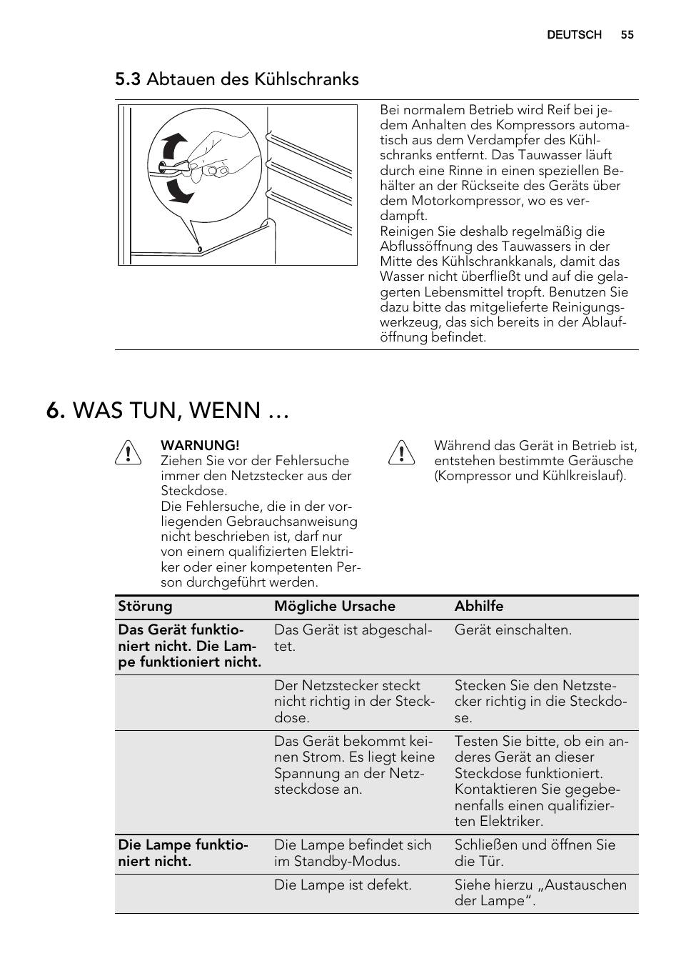 Was tun, wenn, 3 abtauen des kühlschranks | AEG SKS41200S0 User Manual | Page 55 / 68