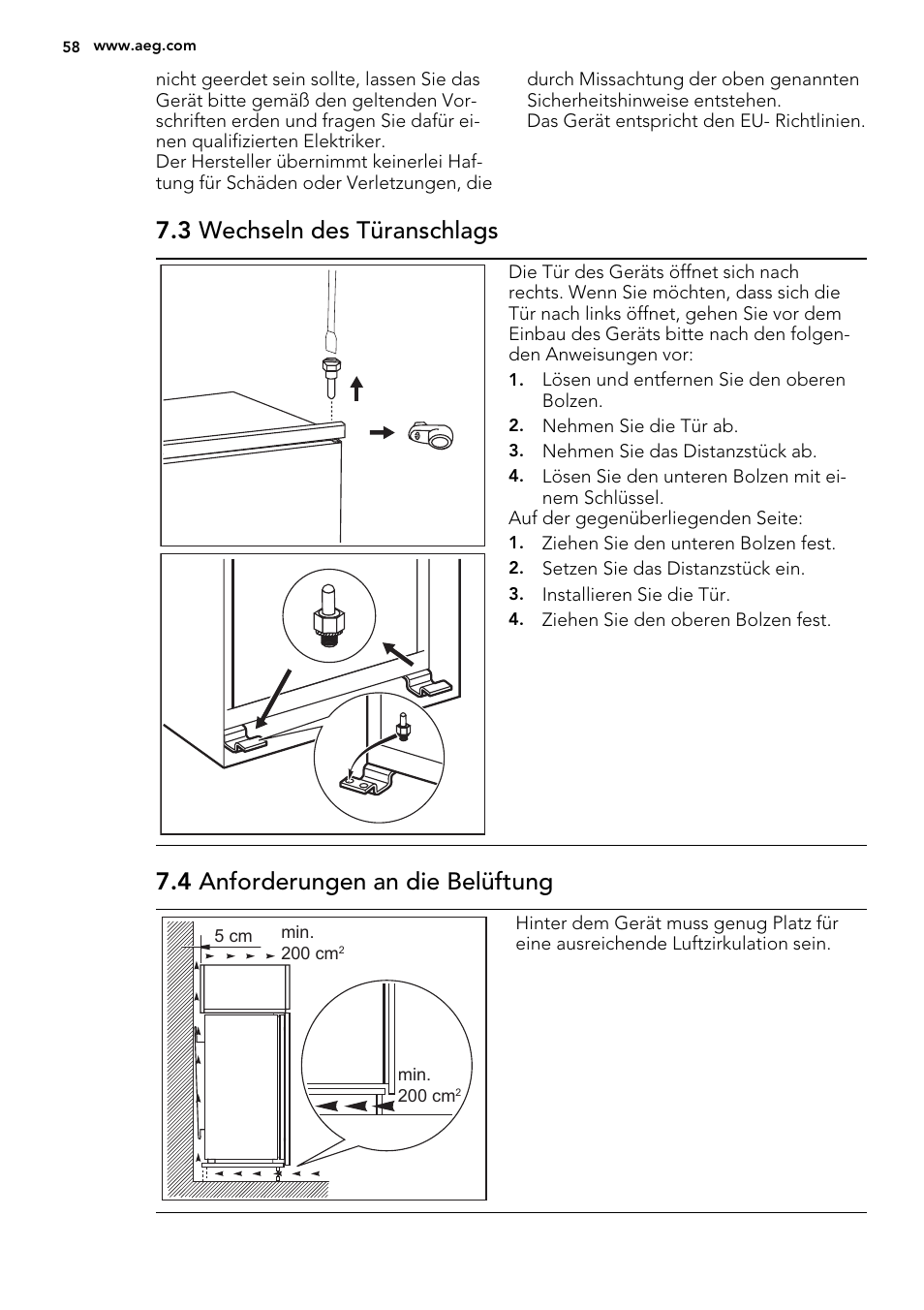 3 wechseln des türanschlags, 4 anforderungen an die belüftung | AEG SKS41200S0 User Manual | Page 58 / 68