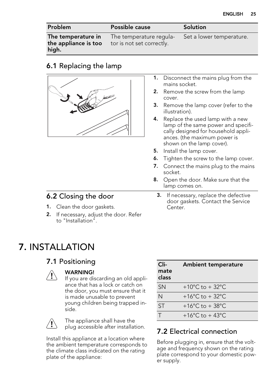 Installation, 1 replacing the lamp, 2 closing the door | 1 positioning, 2 electrical connection | AEG SKS51000S0 User Manual | Page 25 / 84