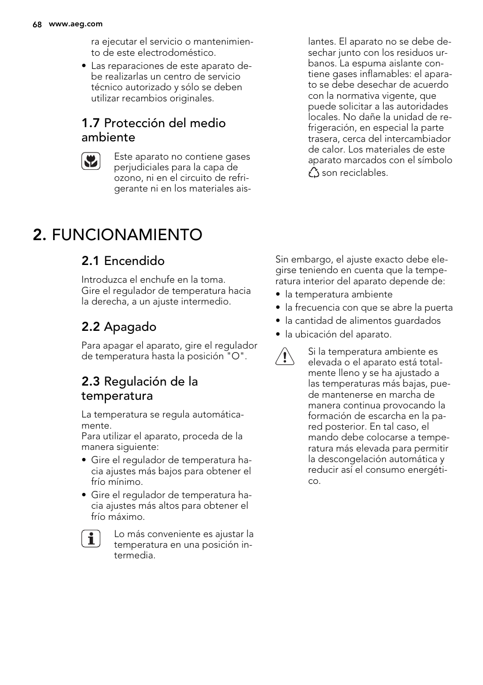 Funcionamiento, 7 protección del medio ambiente, 1 encendido | 2 apagado, 3 regulación de la temperatura | AEG SKS51000S0 User Manual | Page 68 / 84