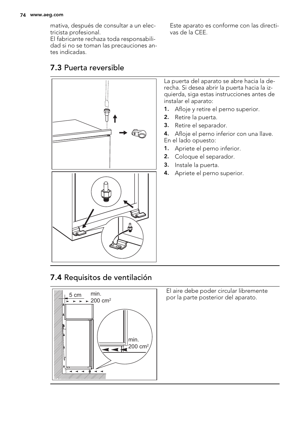 3 puerta reversible, 4 requisitos de ventilación | AEG SKS51000S0 User Manual | Page 74 / 84