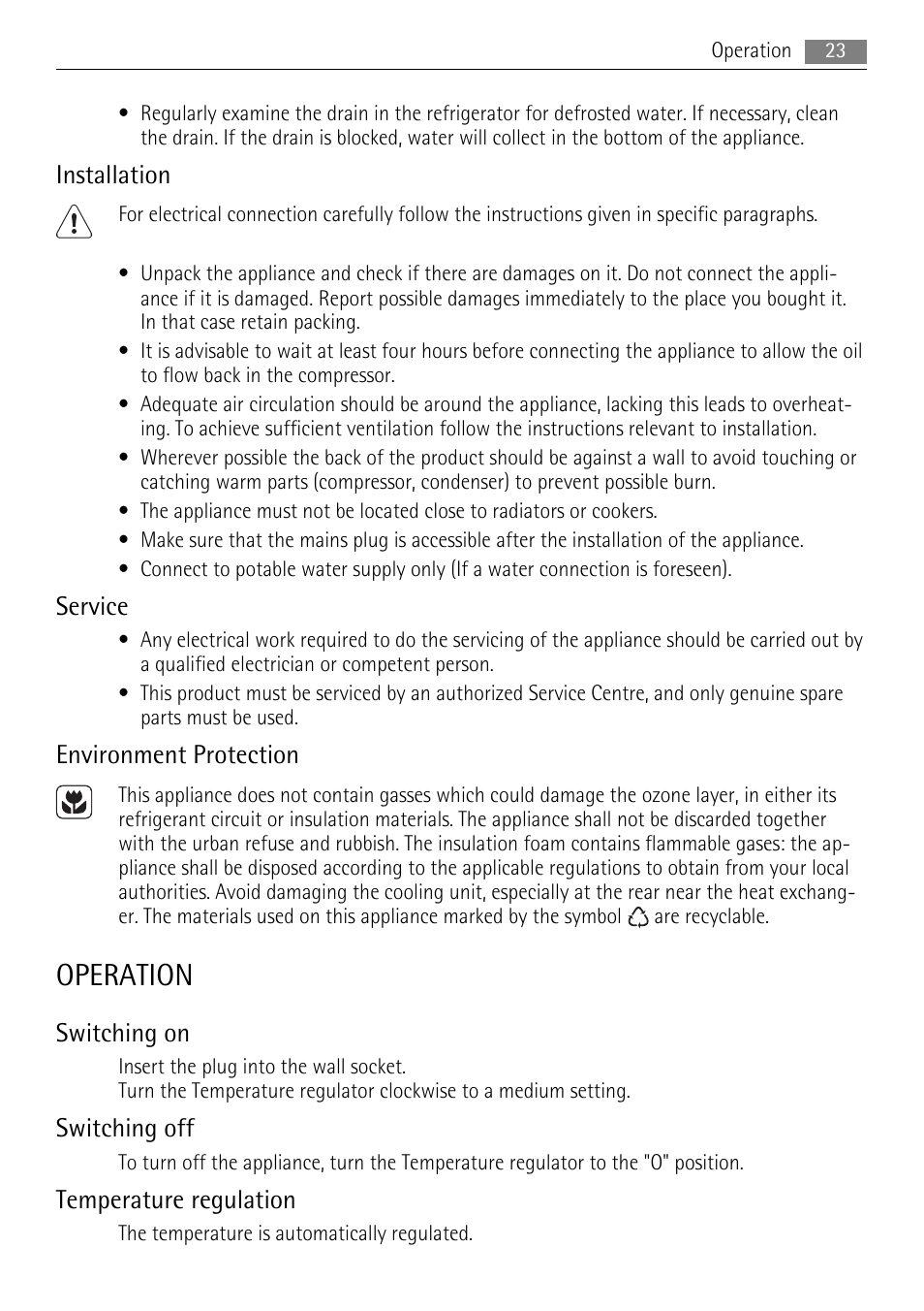 Operation, Installation, Service | Environment protection, Switching on, Switching off, Temperature regulation | AEG SKS48840S0 User Manual | Page 23 / 76