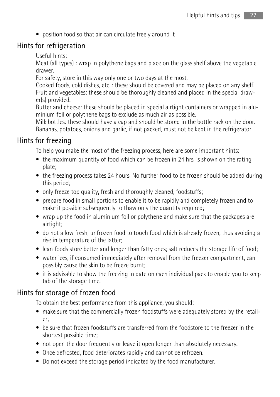 Hints for refrigeration, Hints for freezing, Hints for storage of frozen food | AEG SKS48840S0 User Manual | Page 27 / 76