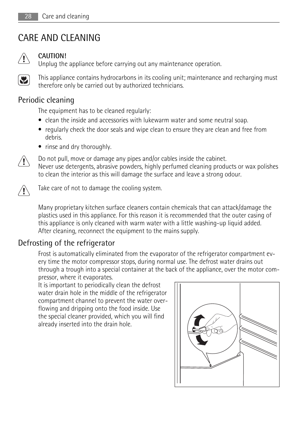 Care and cleaning, Periodic cleaning, Defrosting of the refrigerator | AEG SKS48840S0 User Manual | Page 28 / 76