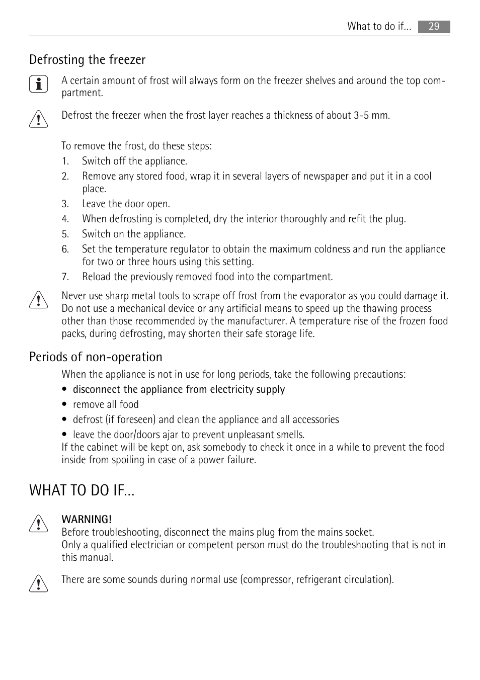 What to do if, Defrosting the freezer, Periods of non-operation | AEG SKS48840S0 User Manual | Page 29 / 76