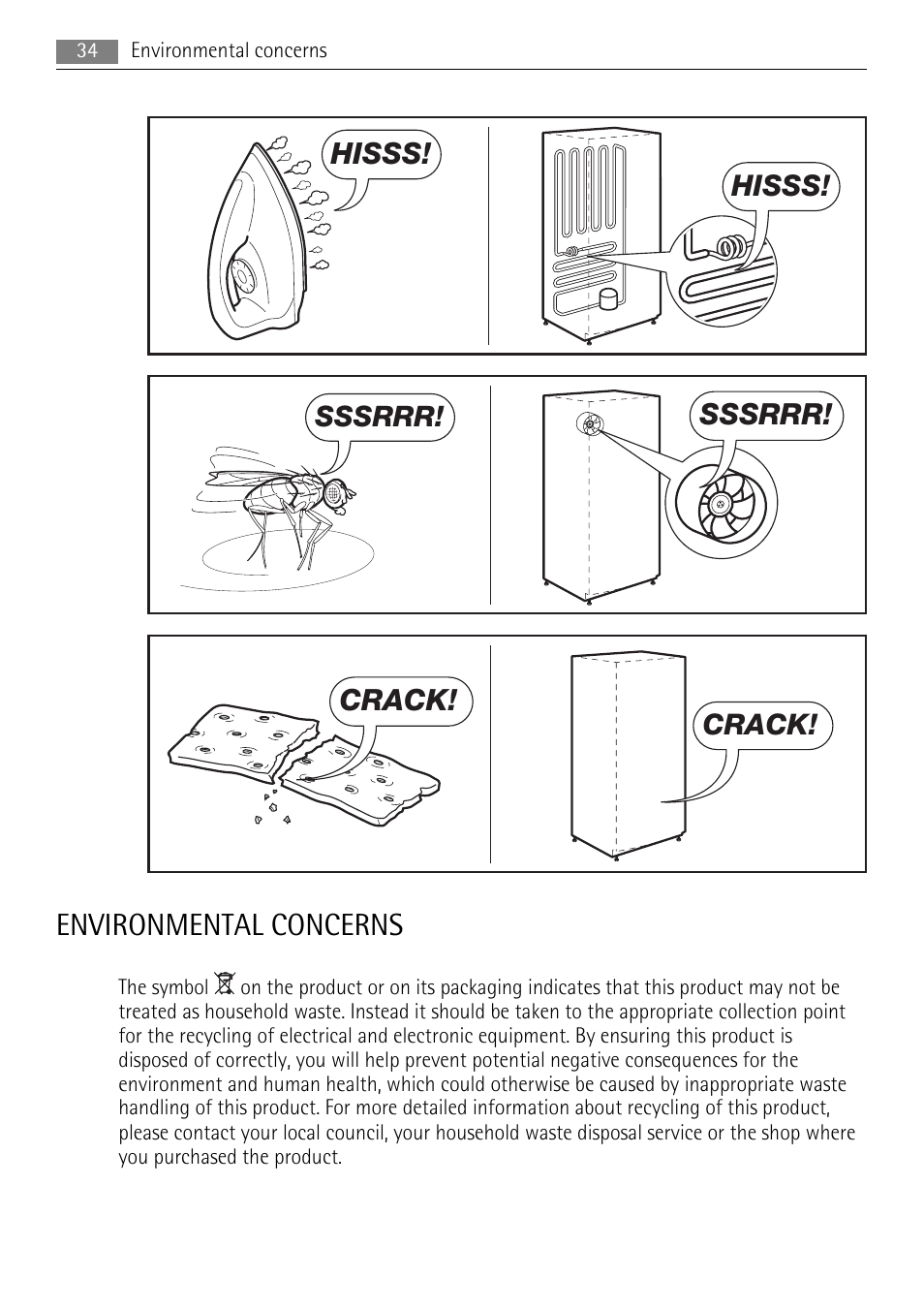 Environmental concerns, Hisss, Sssrrr | Crack | AEG SKS48840S0 User Manual | Page 34 / 76