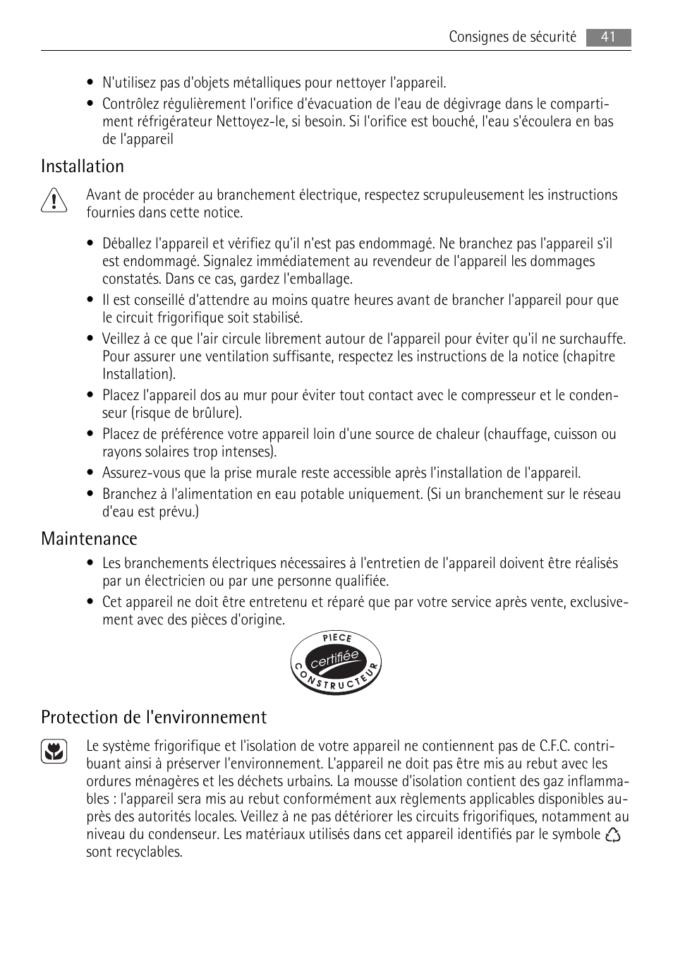Installation, Maintenance, Protection de l'environnement | AEG SKS48840S0 User Manual | Page 41 / 76