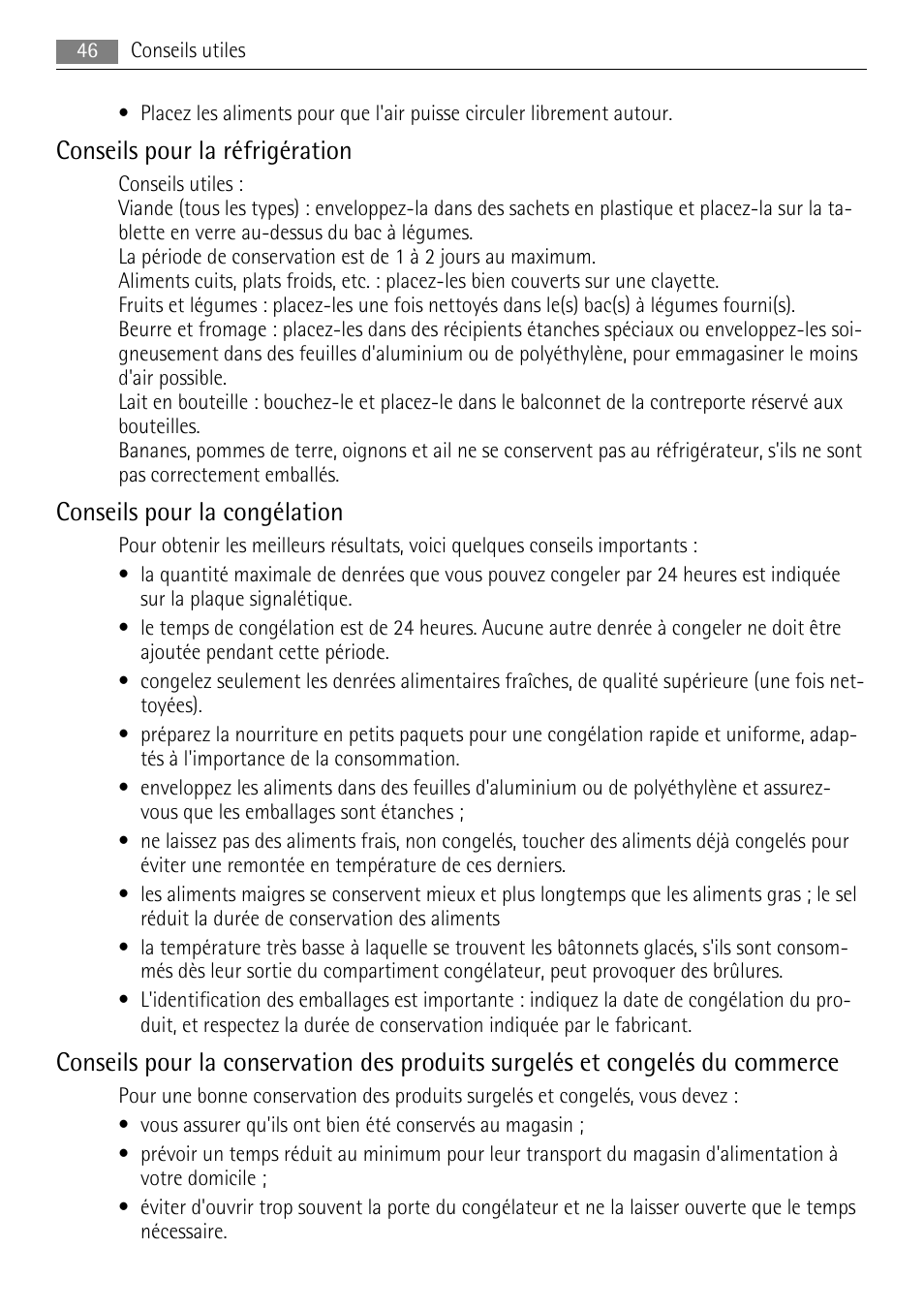 Conseils pour la réfrigération, Conseils pour la congélation | AEG SKS48840S0 User Manual | Page 46 / 76
