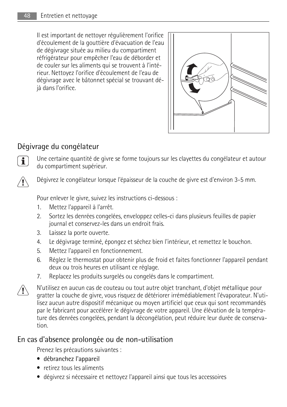 Dégivrage du congélateur, En cas d'absence prolongée ou de non-utilisation | AEG SKS48840S0 User Manual | Page 48 / 76