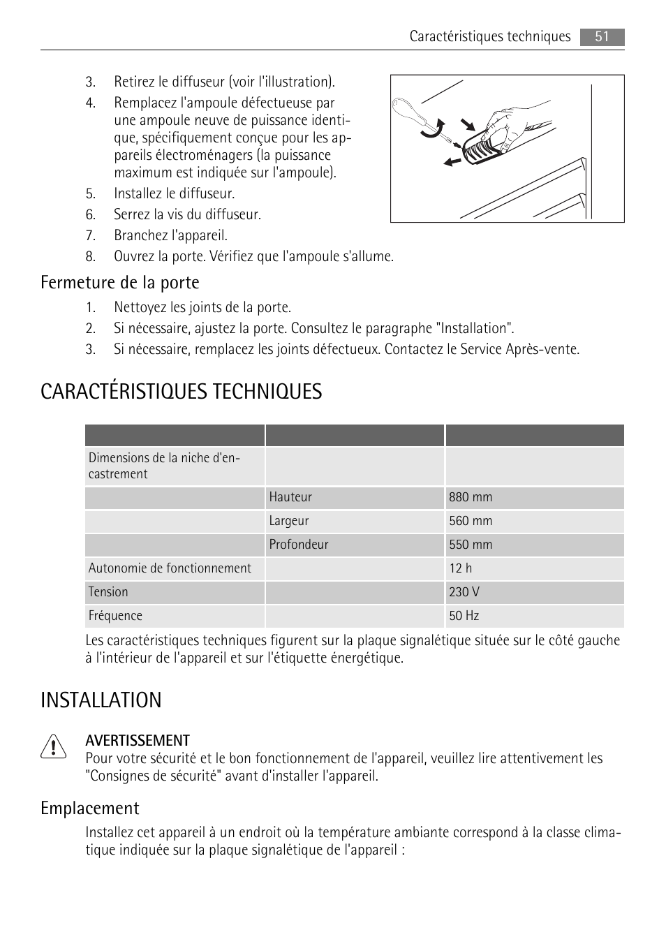 Caractéristiques techniques, Installation, Fermeture de la porte | Emplacement | AEG SKS48840S0 User Manual | Page 51 / 76