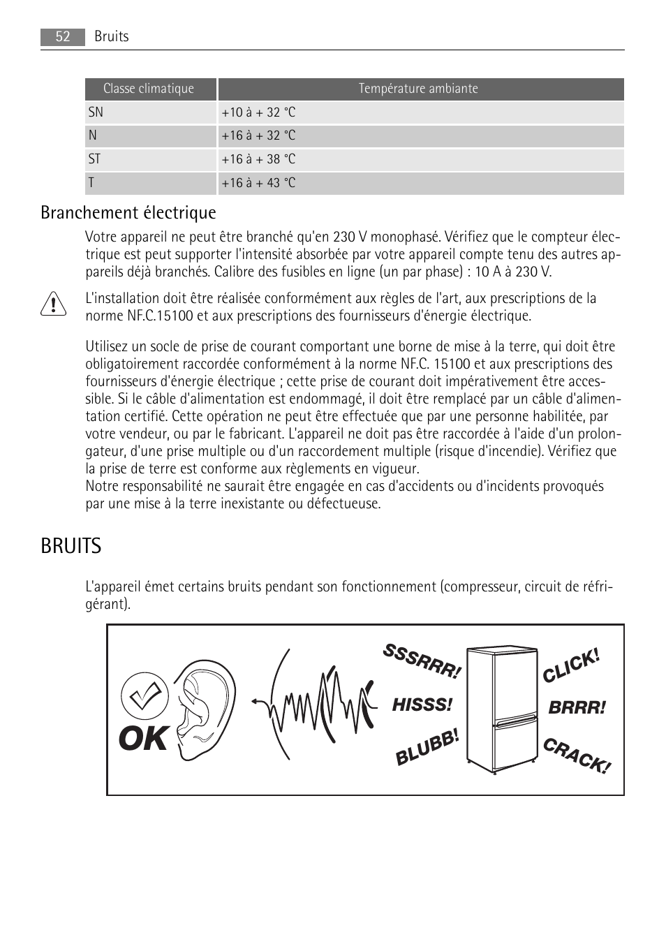Bruits, Branchement électrique | AEG SKS48840S0 User Manual | Page 52 / 76