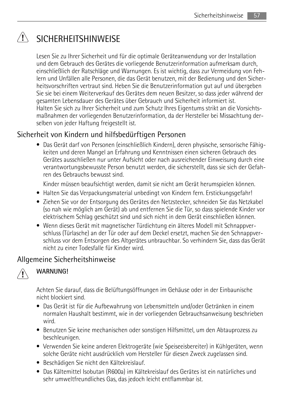 Sicherheitshinweise, Allgemeine sicherheitshinweise | AEG SKS48840S0 User Manual | Page 57 / 76