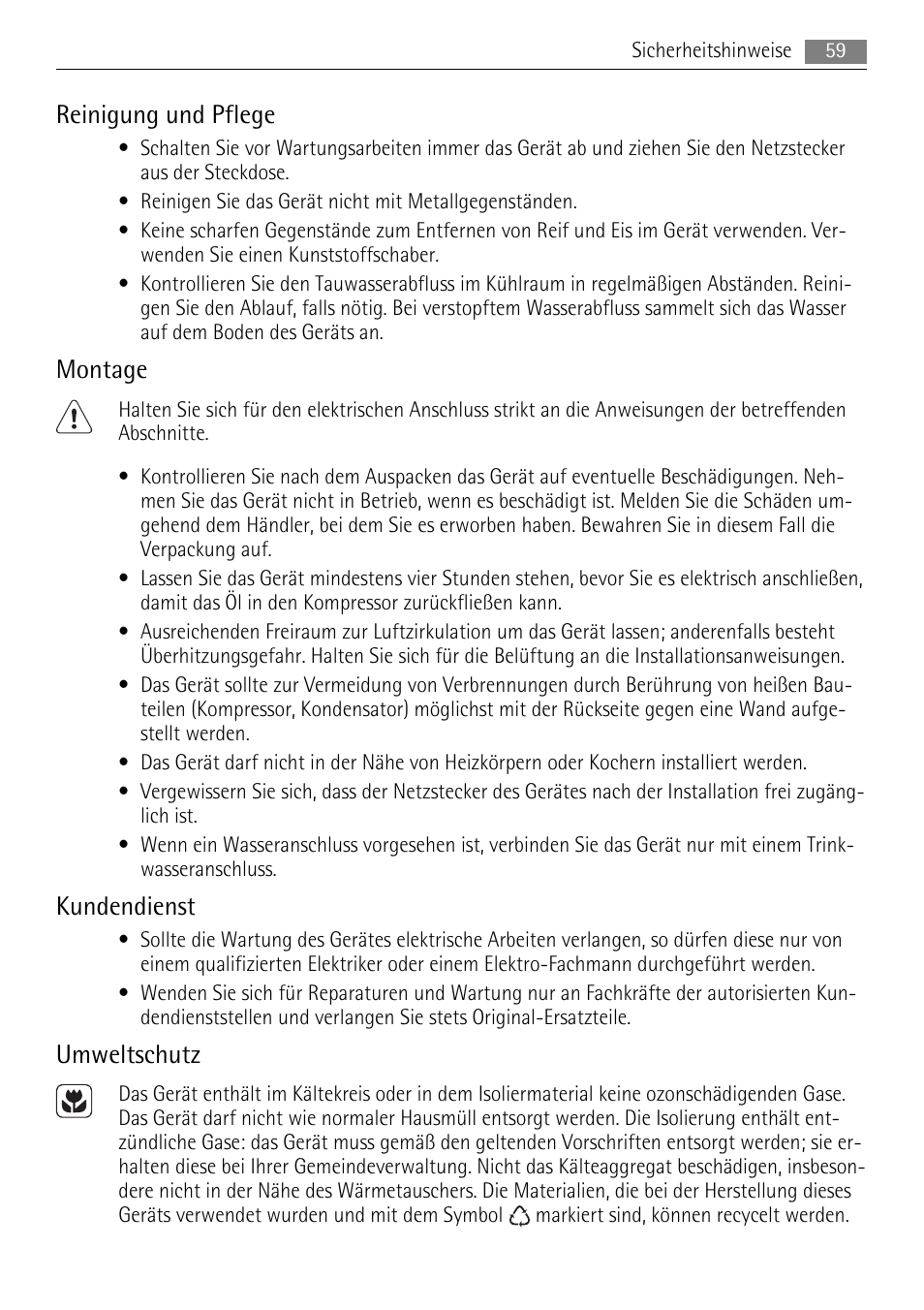 Reinigung und pflege, Montage, Kundendienst | Umweltschutz | AEG SKS48840S0 User Manual | Page 59 / 76