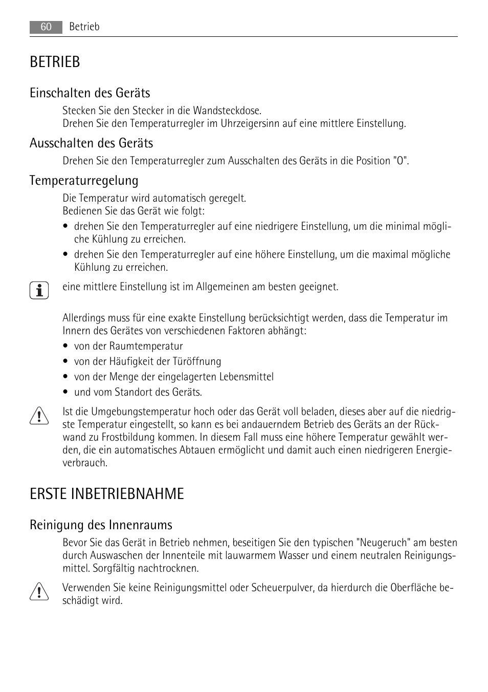 Betrieb, Erste inbetriebnahme, Einschalten des geräts | Ausschalten des geräts, Temperaturregelung, Reinigung des innenraums | AEG SKS48840S0 User Manual | Page 60 / 76