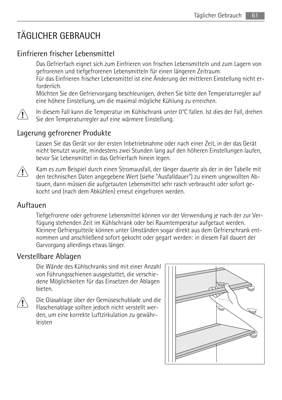 Täglicher gebrauch, Einfrieren frischer lebensmittel, Lagerung gefrorener produkte | Auftauen, Verstellbare ablagen | AEG SKS48840S0 User Manual | Page 61 / 76